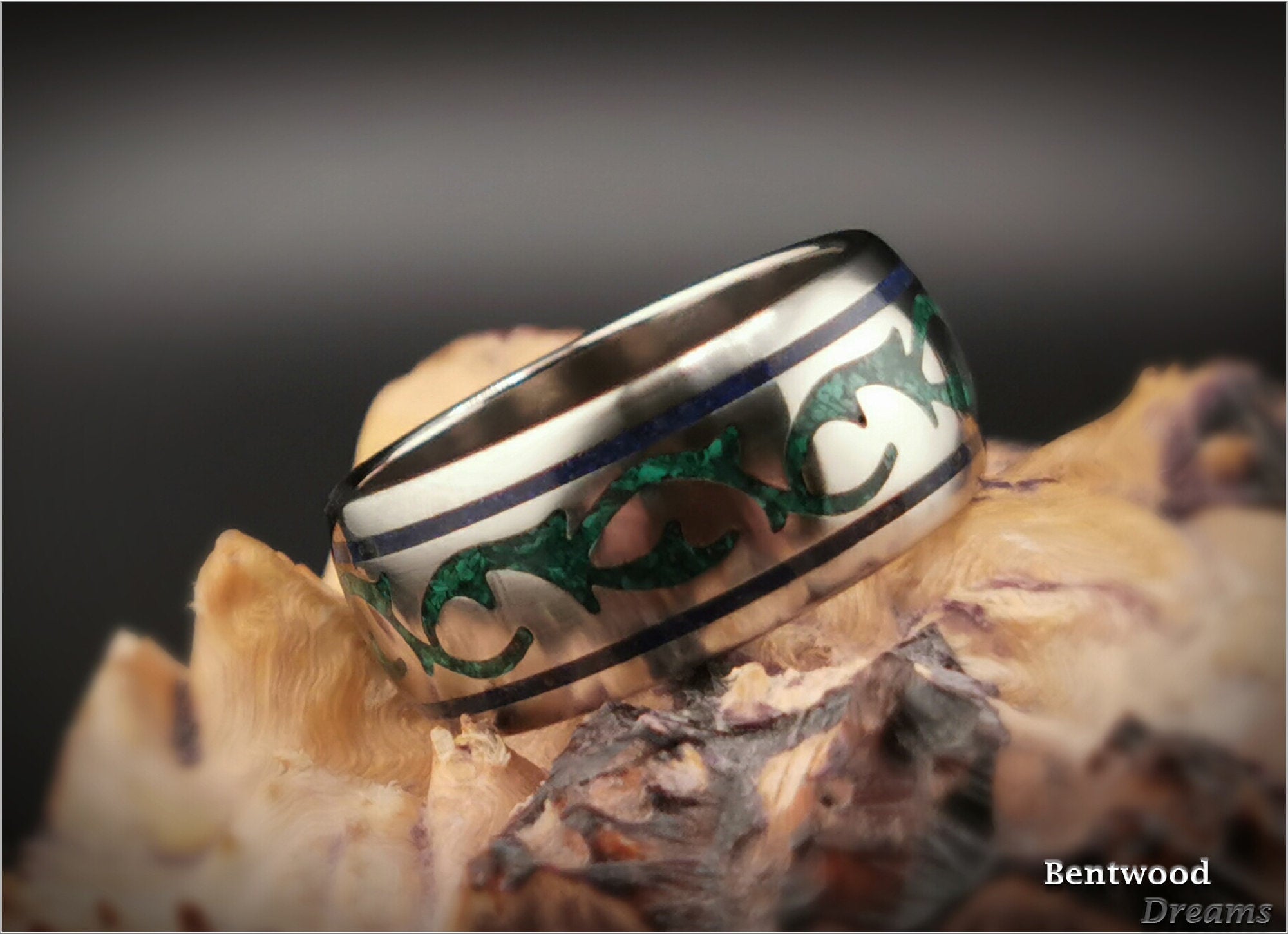 Handmade Titanium Viking Ring, Green Malachite Lapis Lazuli Inlay