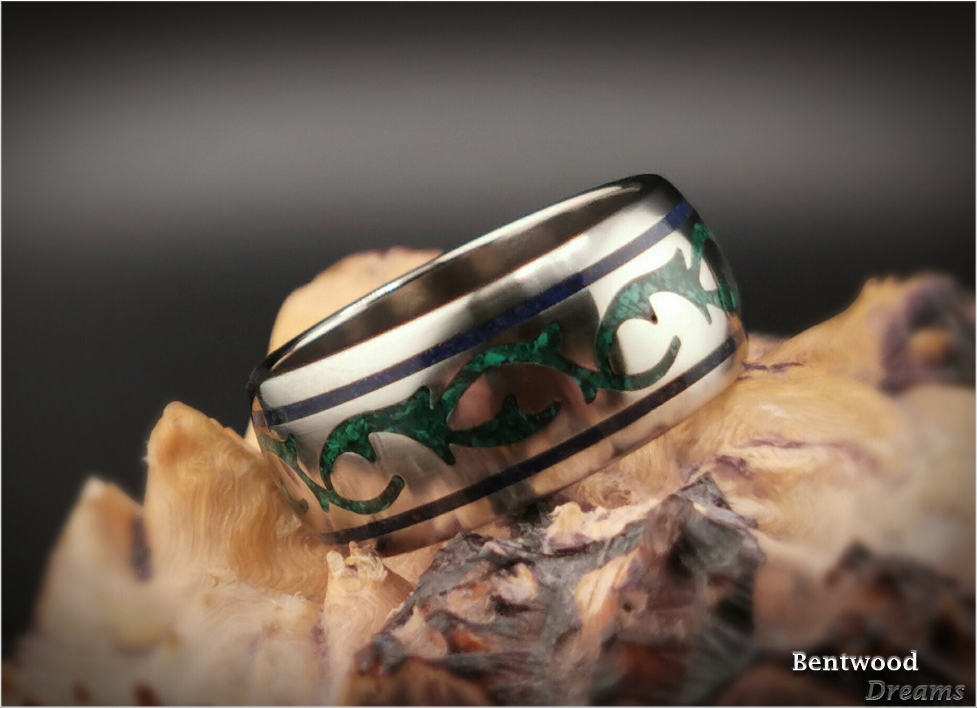 Titanium Viking Ring, Green Malachite Lapis Lazuli Inlay, Grade 5 Titanium Core, Quick Ship