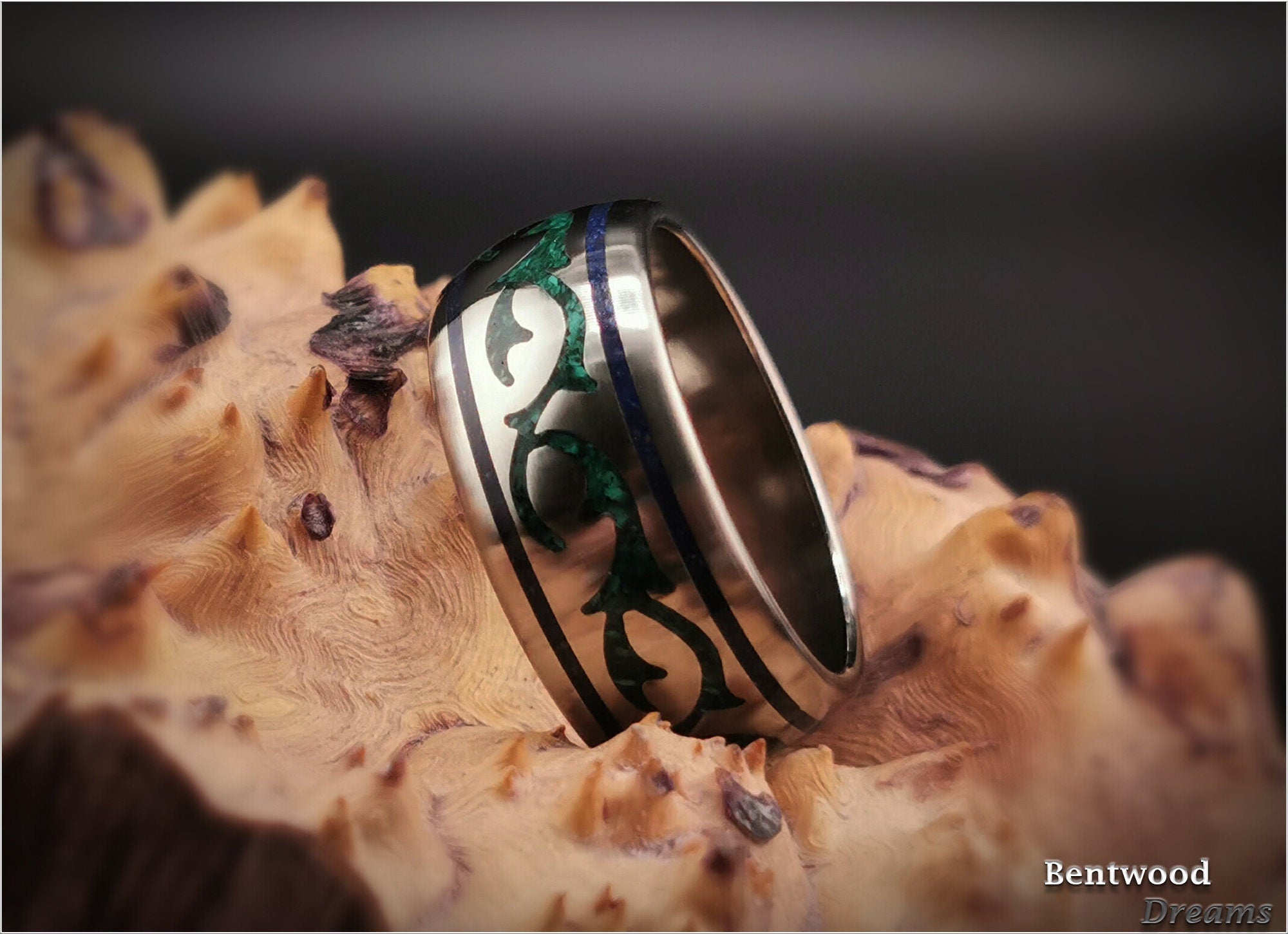 Titanium Viking Ring, Green Malachite Lapis Lazuli Inlay, Grade 5 Titanium Core, Quick Ship