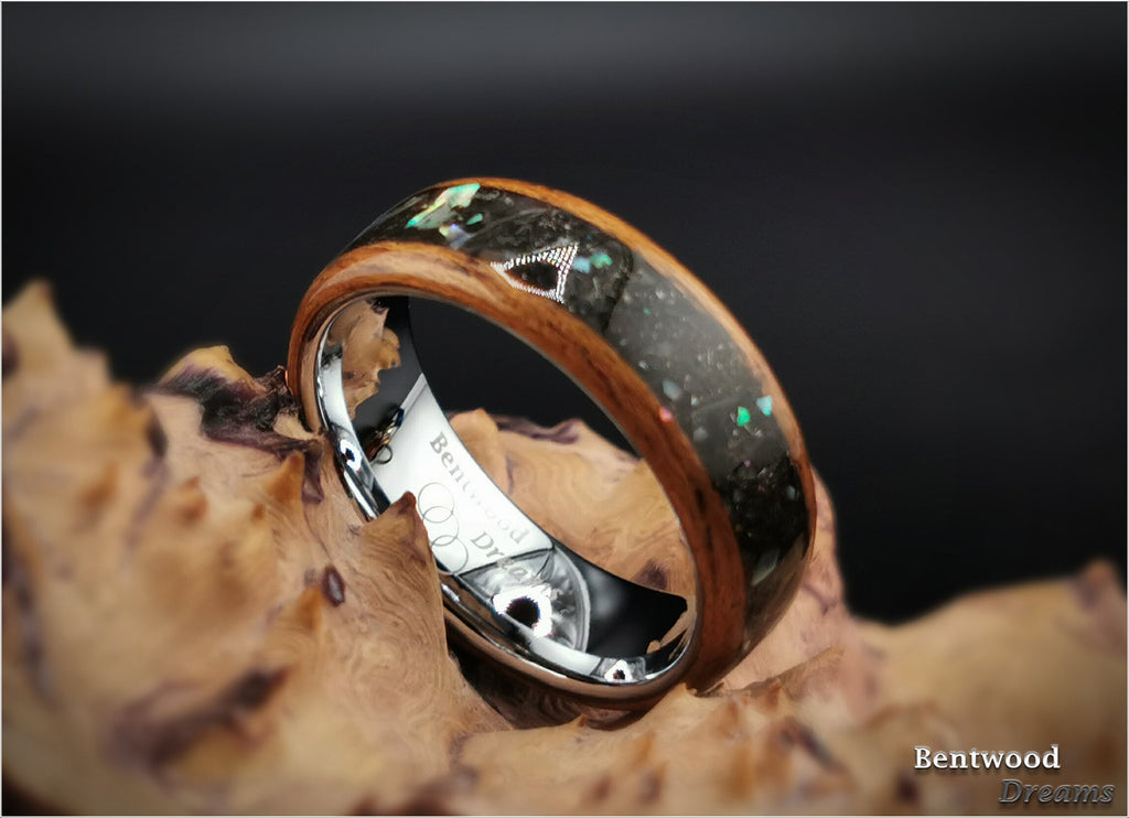 Meteorite Bentwood Ring: Okoume Wood, Abalone Inlay, Tungsten Core
