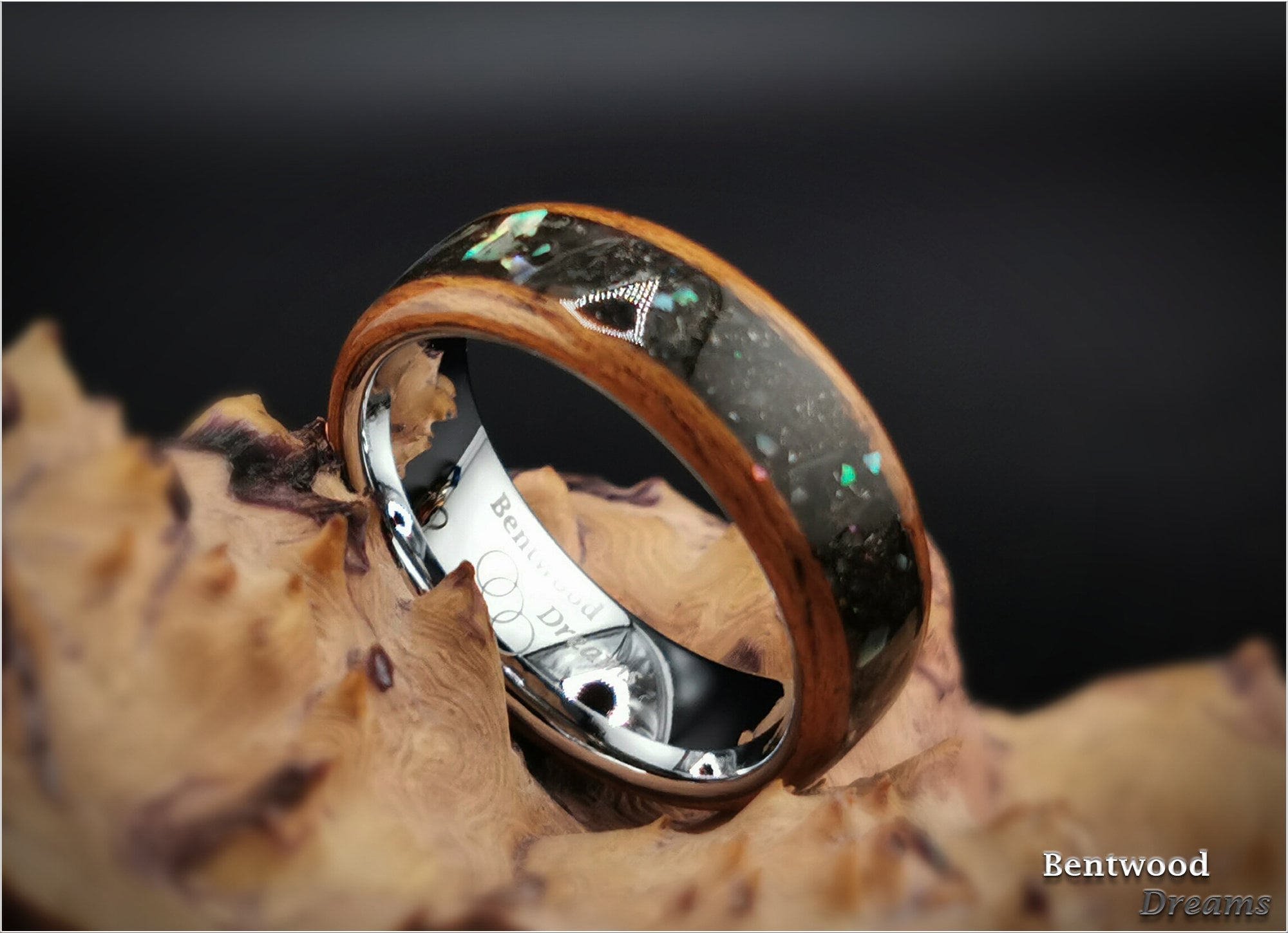 Meteorite Bentwood Ring: Okoume Wood, Abalone Inlay, Tungsten Core