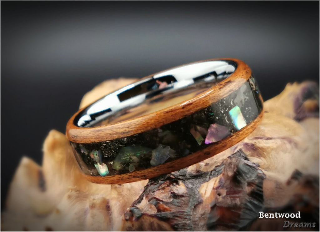 Meteorite Bentwood Ring: Okoume Wood, Abalone Inlay, Tungsten Core