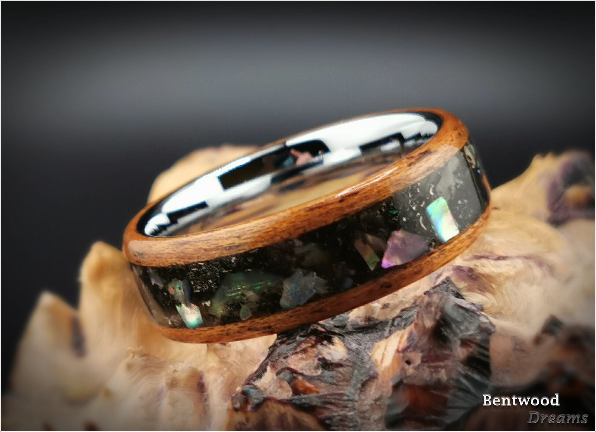 Meteorite Bentwood Ring: Okoume Wood, Abalone Inlay, Tungsten Core