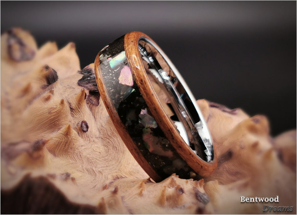 Meteorite Bentwood Ring: Okoume Wood, Abalone Inlay, Tungsten Core