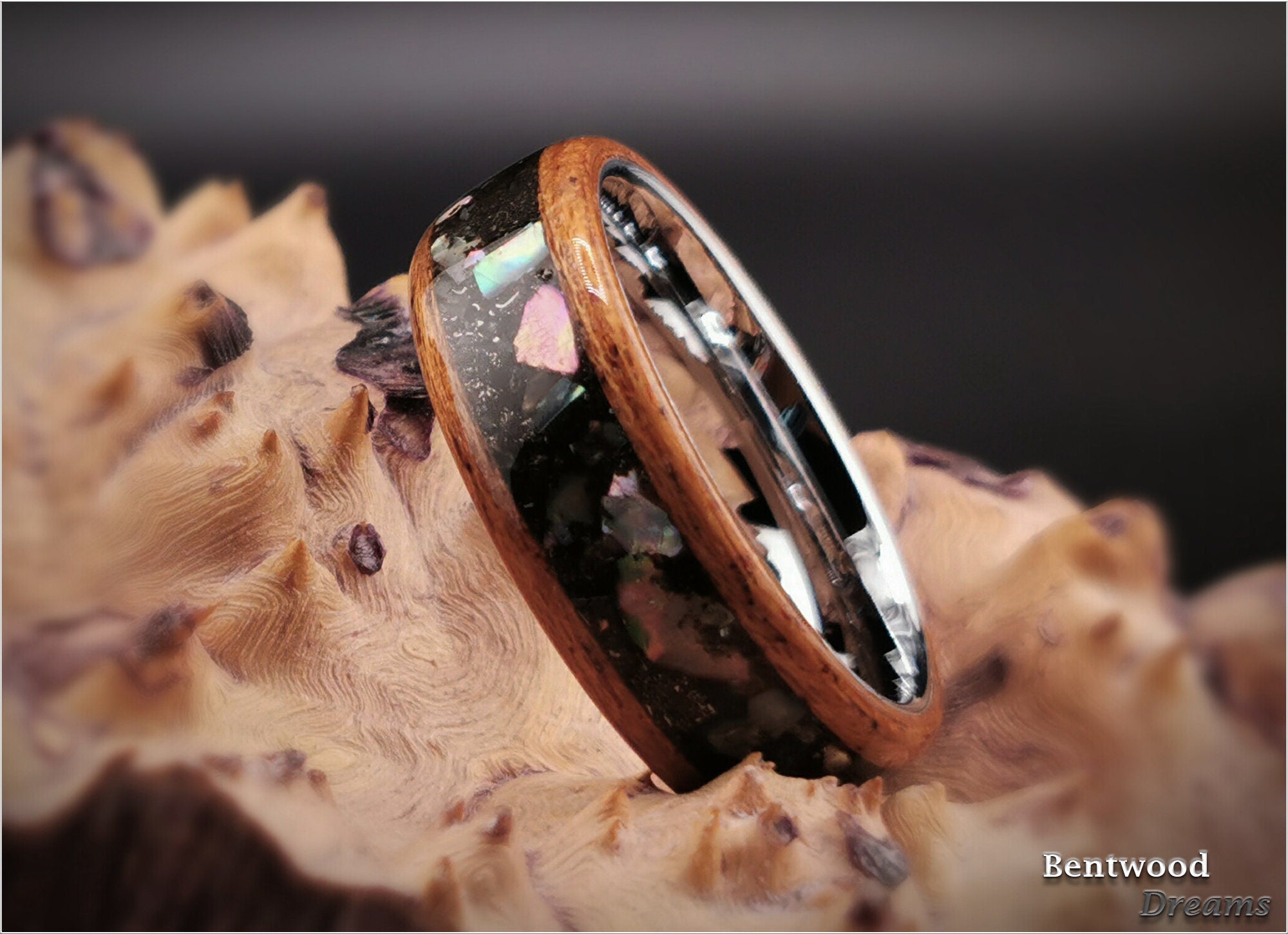 Meteorite Bentwood Ring: Okoume Wood, Abalone Inlay, Tungsten Core