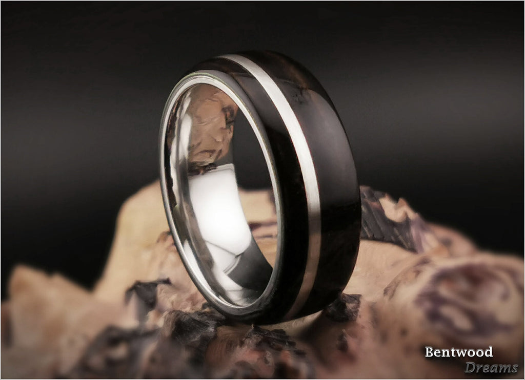 Bentwood Ring: Ebony, inlaid wide Sterling Silver, Polished Cobalt Chrome core