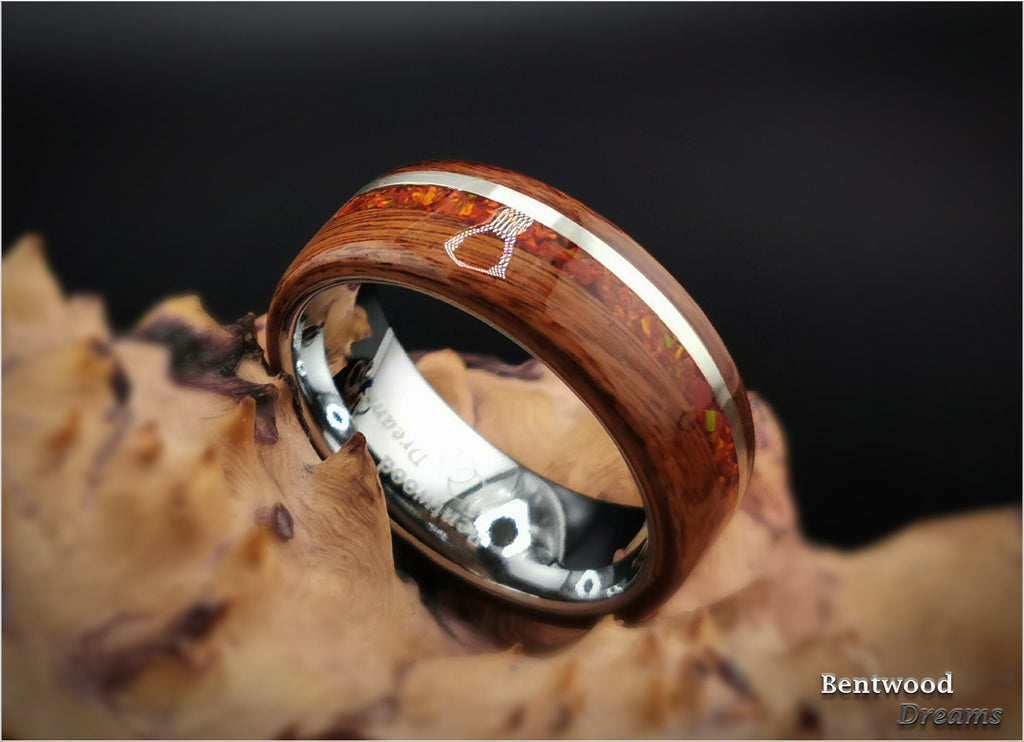 Bentwood Ring: Santos Rosewood, inlaid Sterling Silver and Lab Cultured Opal, White Tungsten core