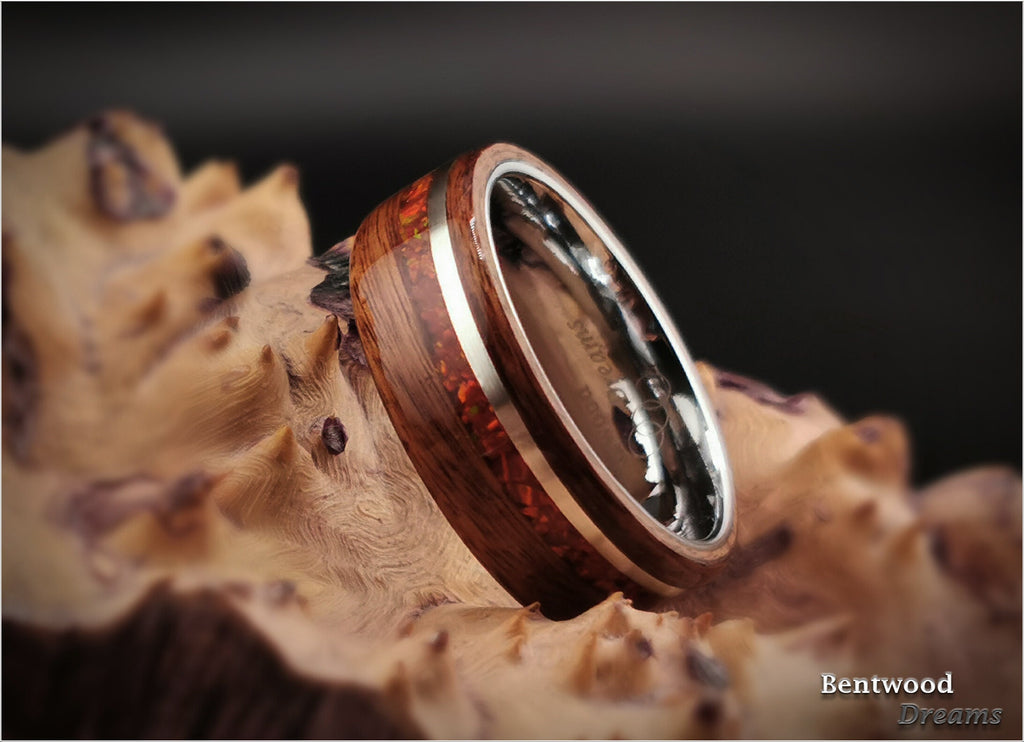 Bentwood Ring: Santos Rosewood, inlaid Sterling Silver and Lab Cultured Opal, White Tungsten core
