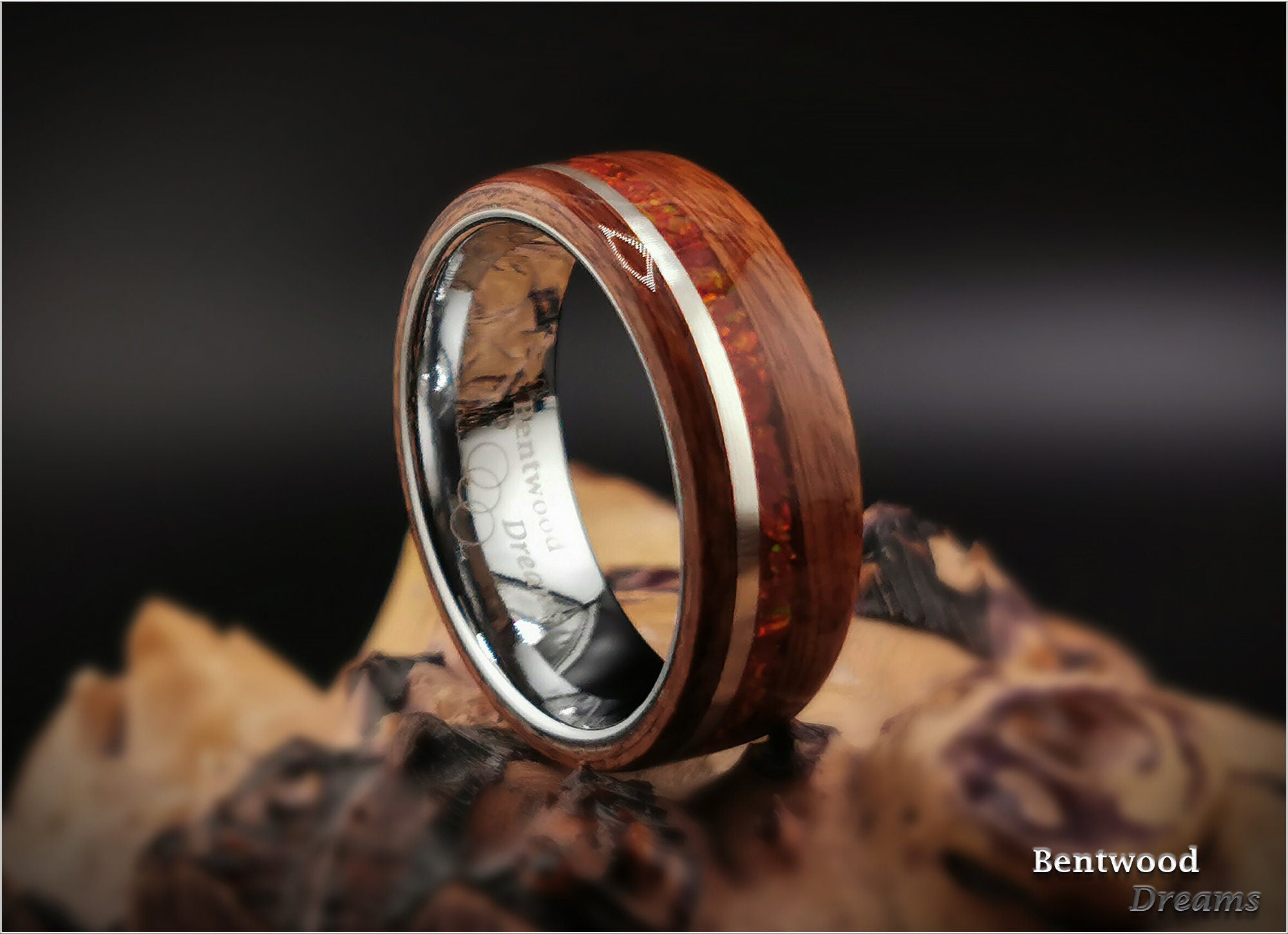 Bentwood Ring: Santos Rosewood, inlaid Sterling Silver and Lab Cultured Opal, White Tungsten core