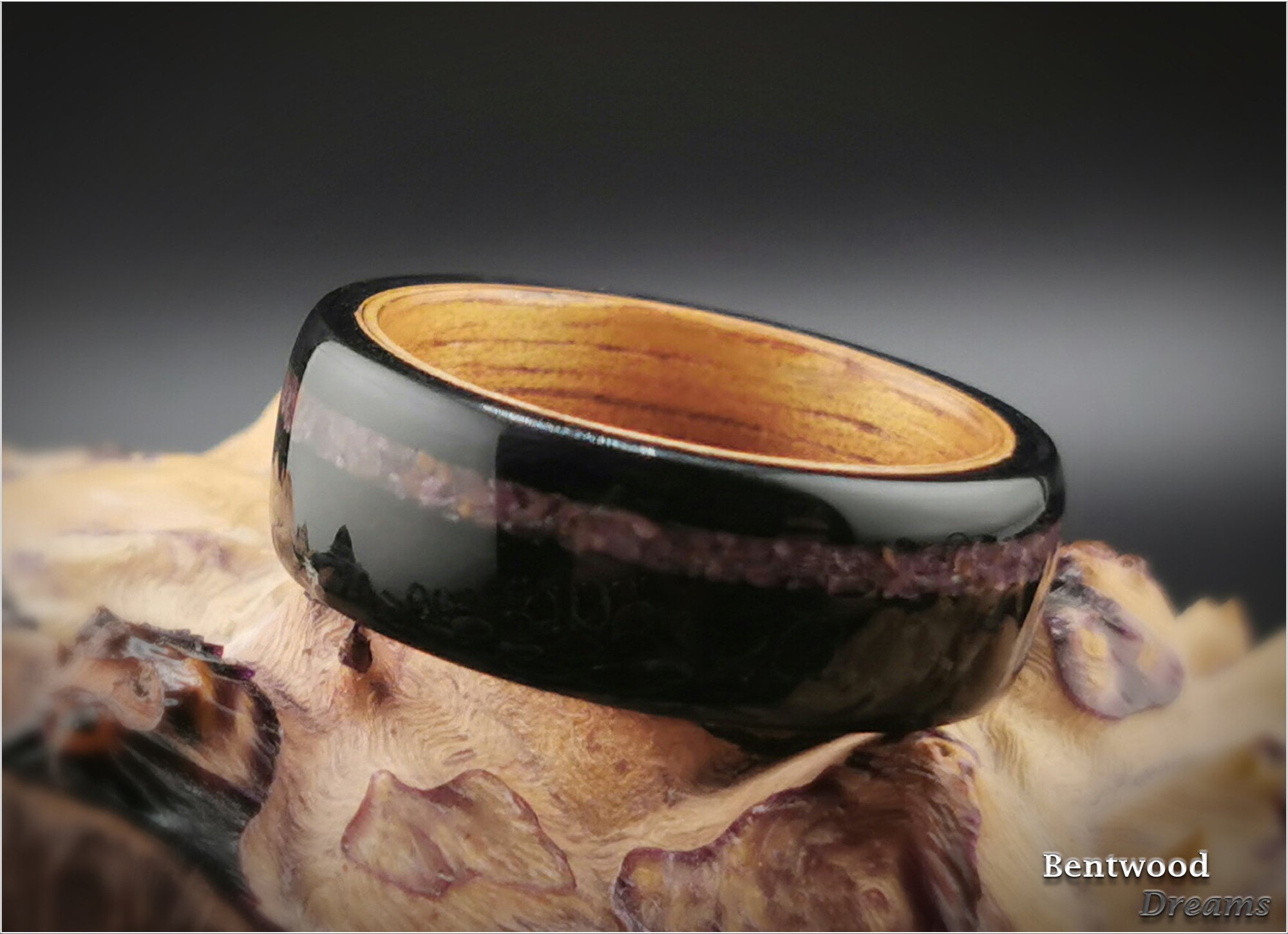 Handmade Bentwood Ring: Black Maple, Ruby Inlay, Wood Core