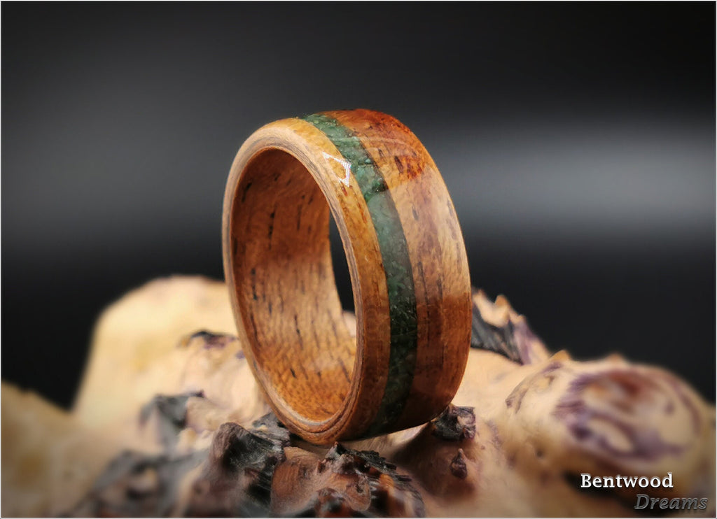 Bentwood Ring: Quartersawn Etimoe, offset inlaid Buddstone, wood ring