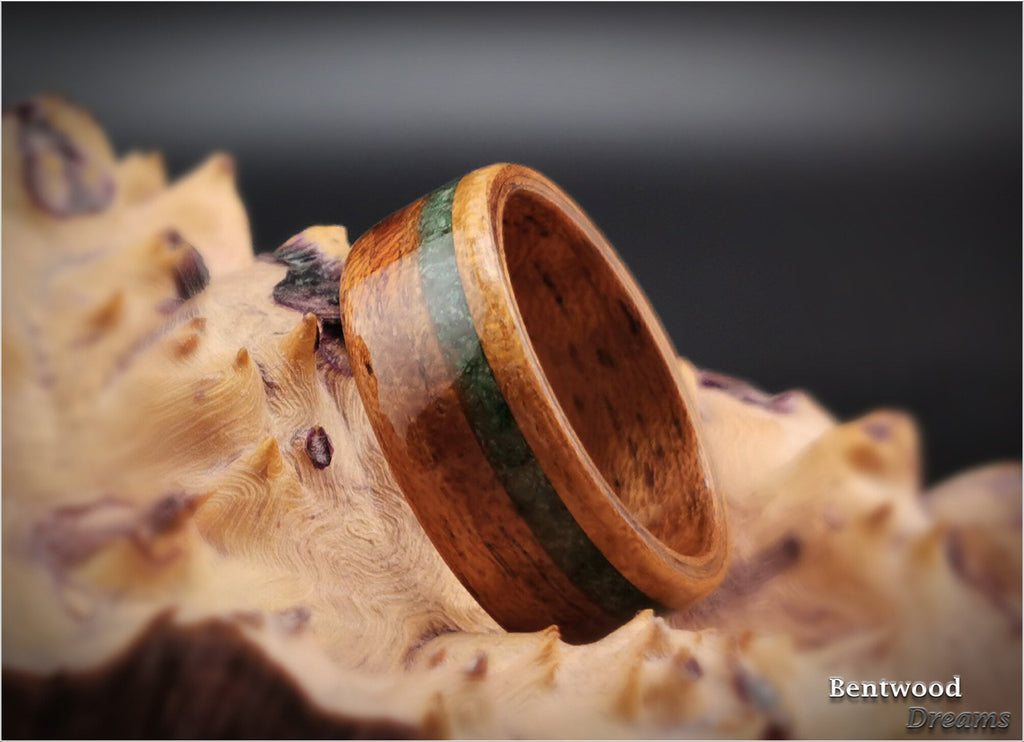 Bentwood Ring: Quartersawn Etimoe, offset inlaid Buddstone, wood ring