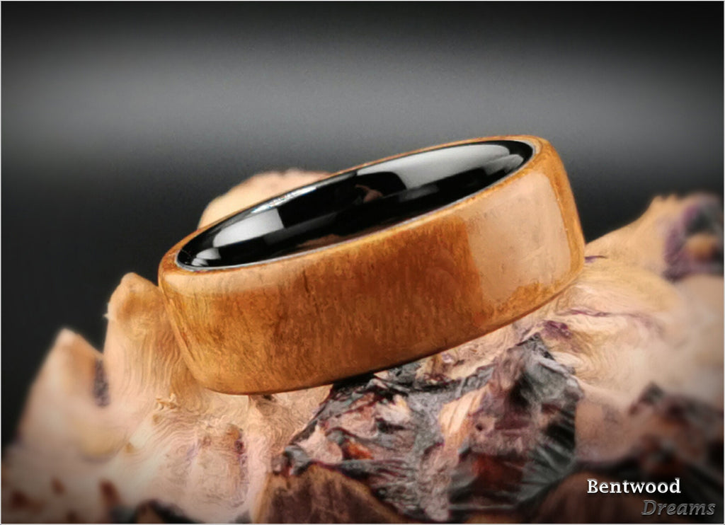Bentwood Ring: Rare Myrtle Burl, polished Black Ceramic core, wood ring
