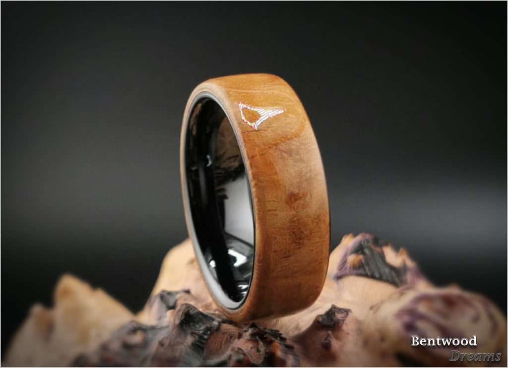 Bentwood Ring: Rare Myrtle Burl, polished Black Ceramic core, wood ring