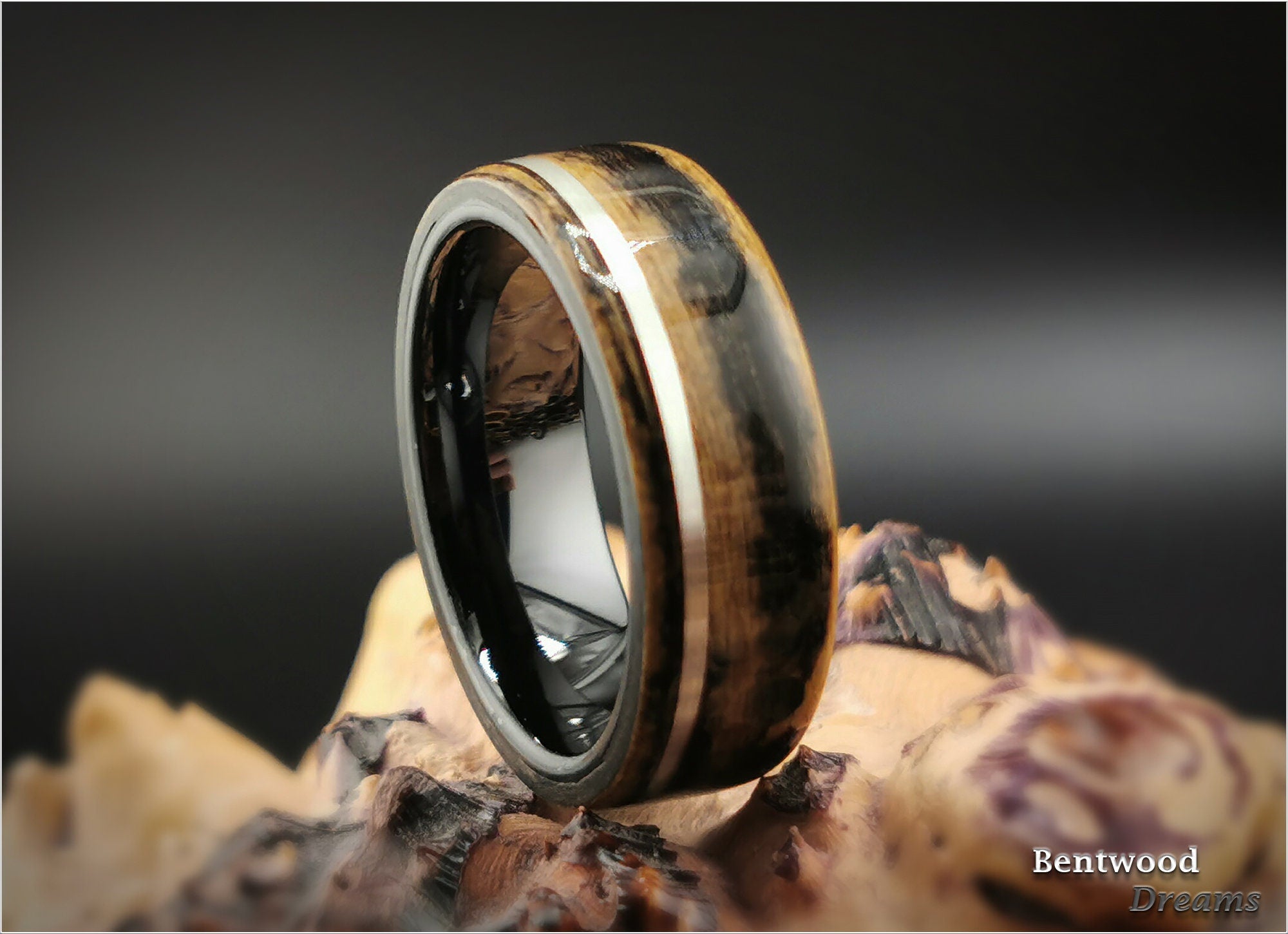 Malabar Ebony Bentwood Ring: Sterling Silver Inlay, Black Ceramic Core
