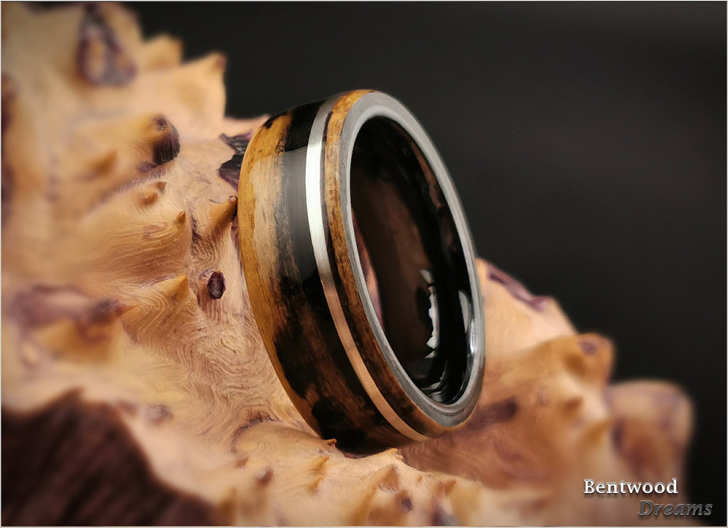 Malabar Ebony Bentwood Ring: Sterling Silver Inlay, Black Ceramic Core