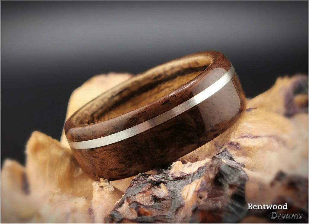 Claro Walnut Burl Bentwood Ring: Sterling Silver Inlay, Paldao Core