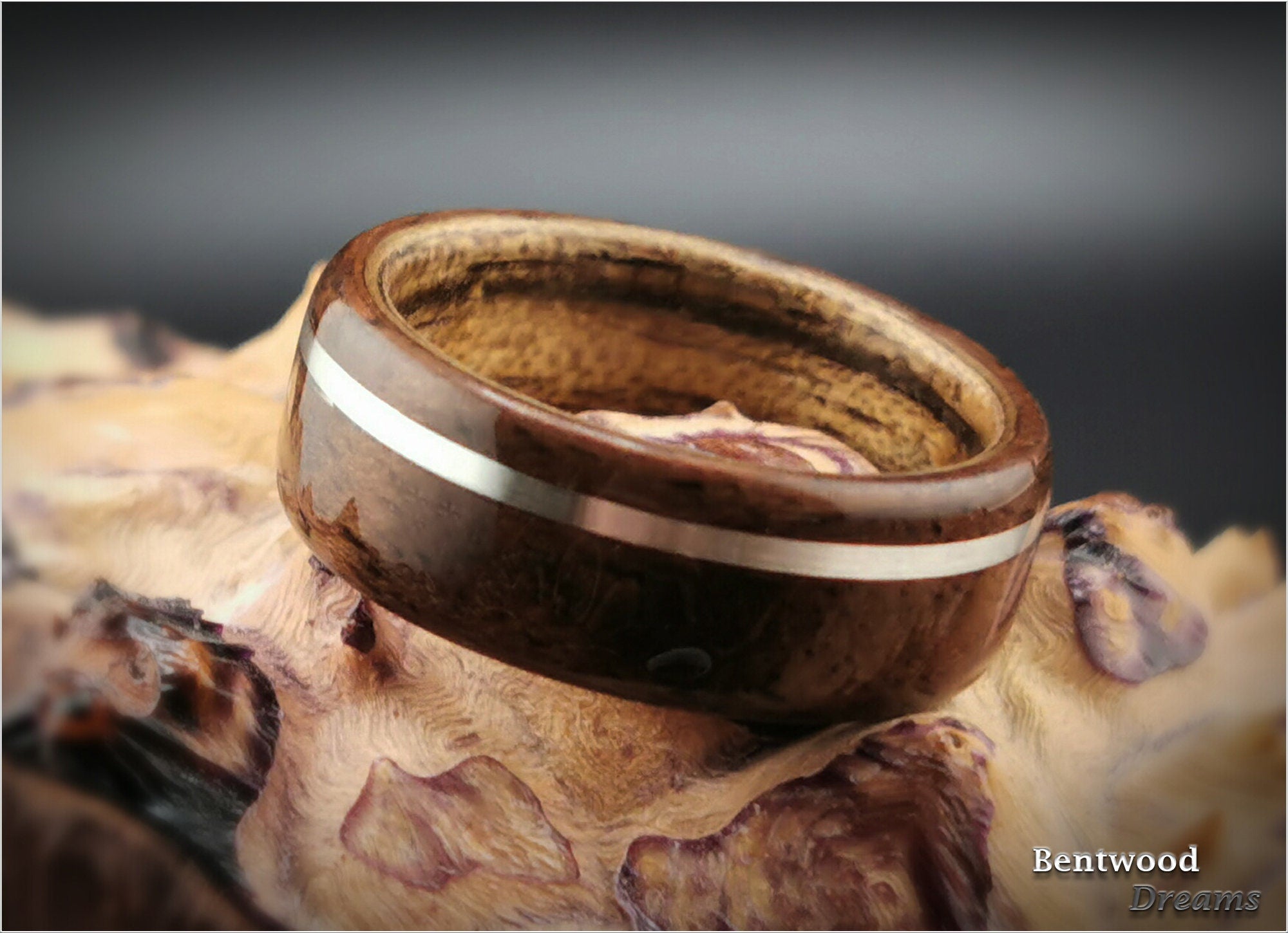 Claro Walnut Burl Bentwood Ring: Sterling Silver Inlay, Paldao Core
