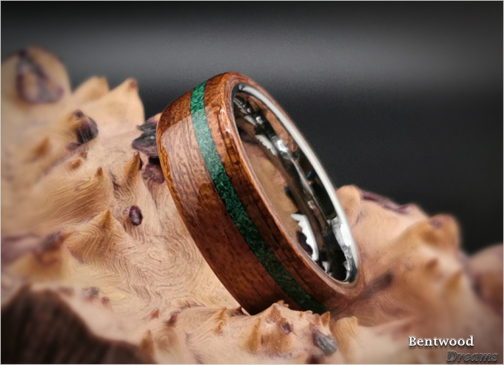 Bentwood Ring: Etimoe, offset inlaid Green Malachite, Tungsten Carbide core, wood ring