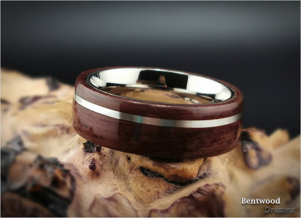 Bentwood Ring: Purpleheart, offset inlaid Sterling Silver, Polished Titanium core, wood ring