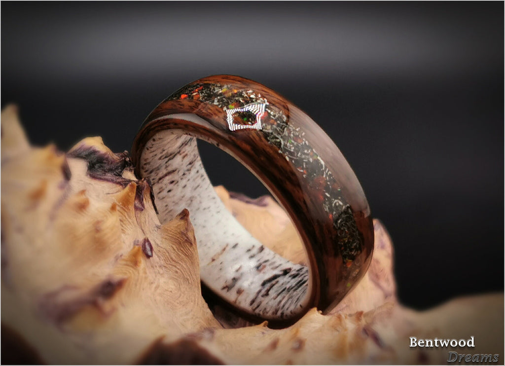 Bentwood Ring: Santos Rosewood, inlaid Seymchan Meteorite and Cultured Opal, Deer Antler core