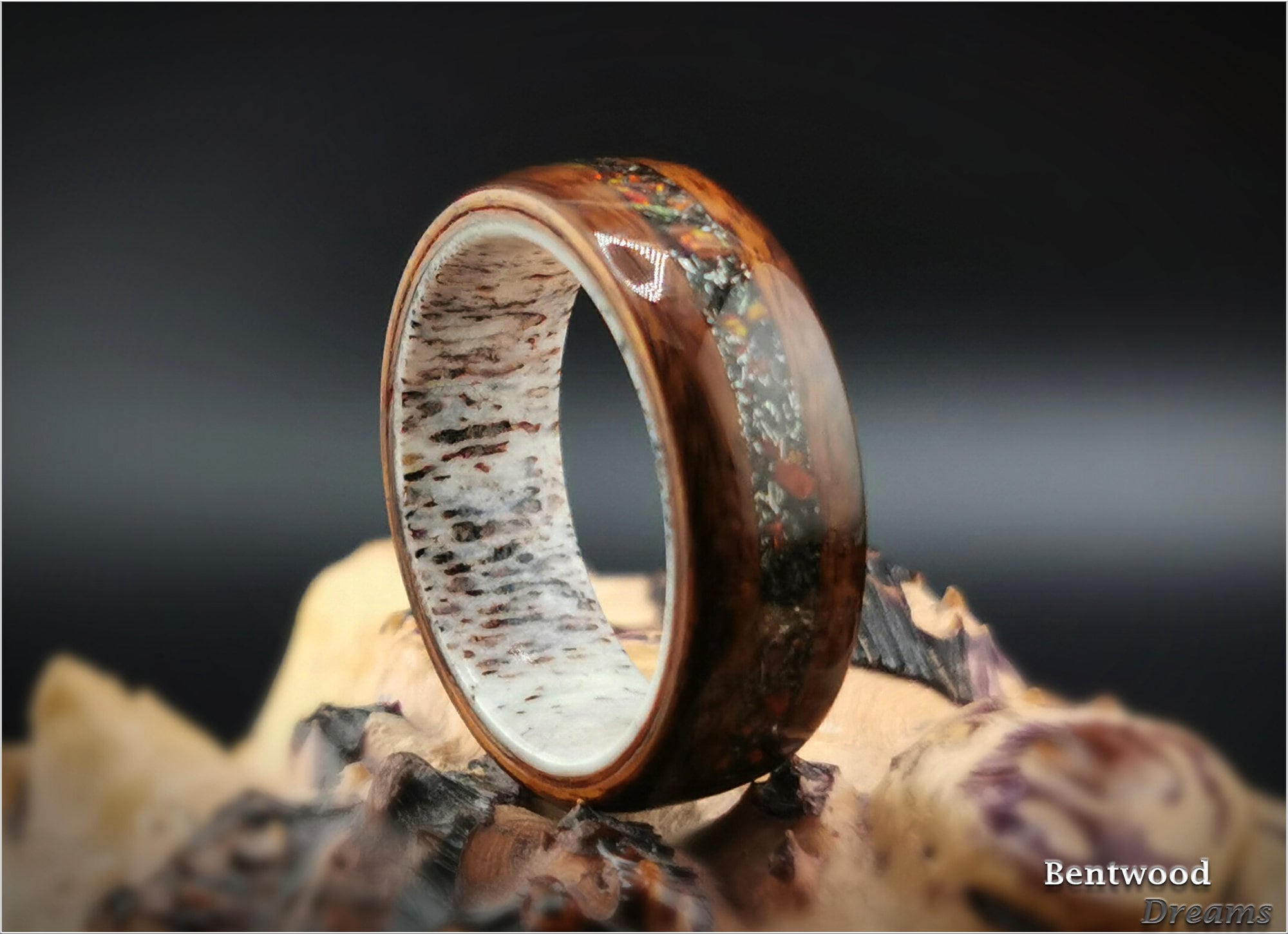 Bentwood Ring: Santos Rosewood, inlaid Seymchan Meteorite and Cultured Opal, Deer Antler core