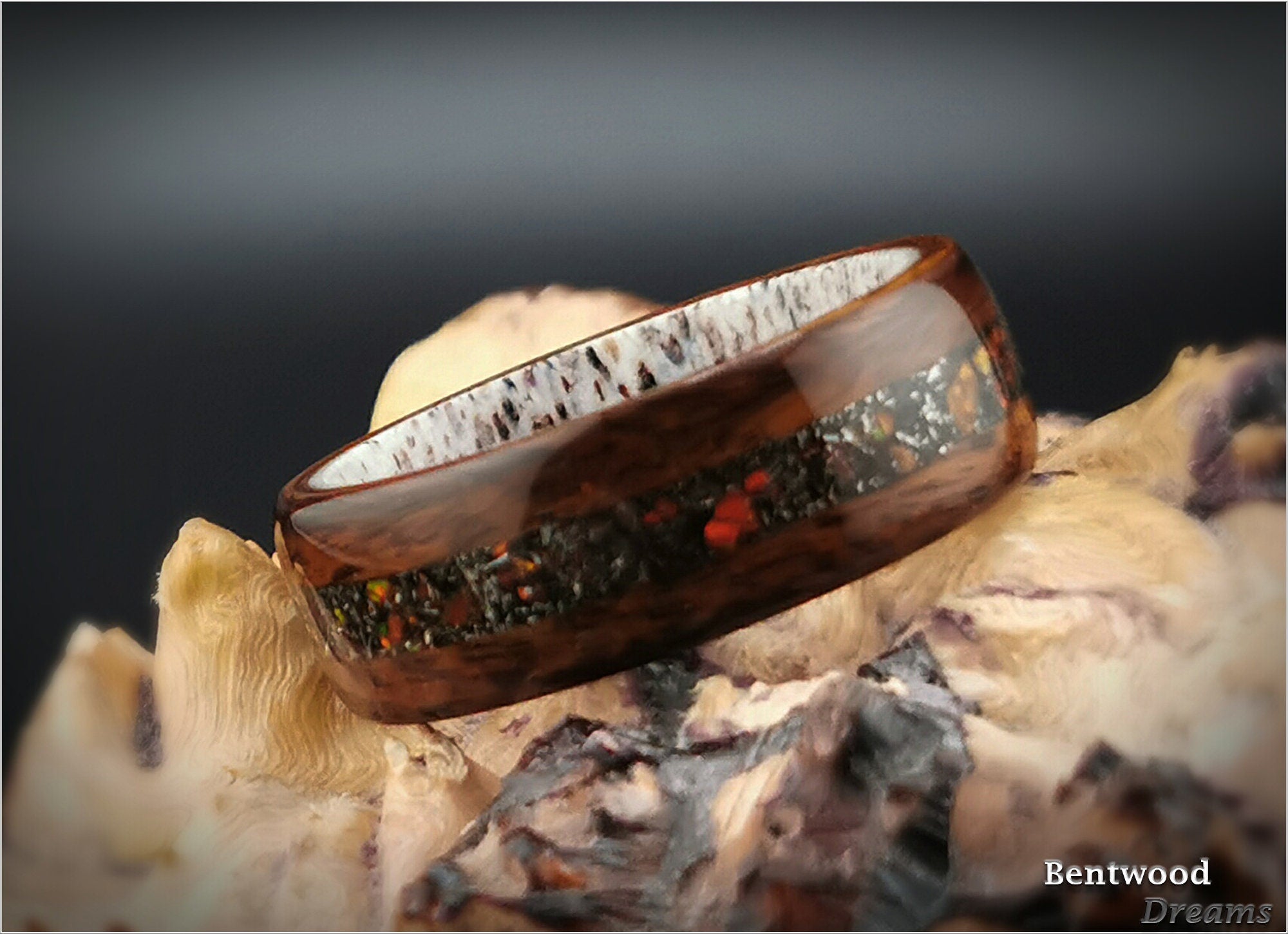 Bentwood Ring: Santos Rosewood, inlaid Seymchan Meteorite and Cultured Opal, Deer Antler core