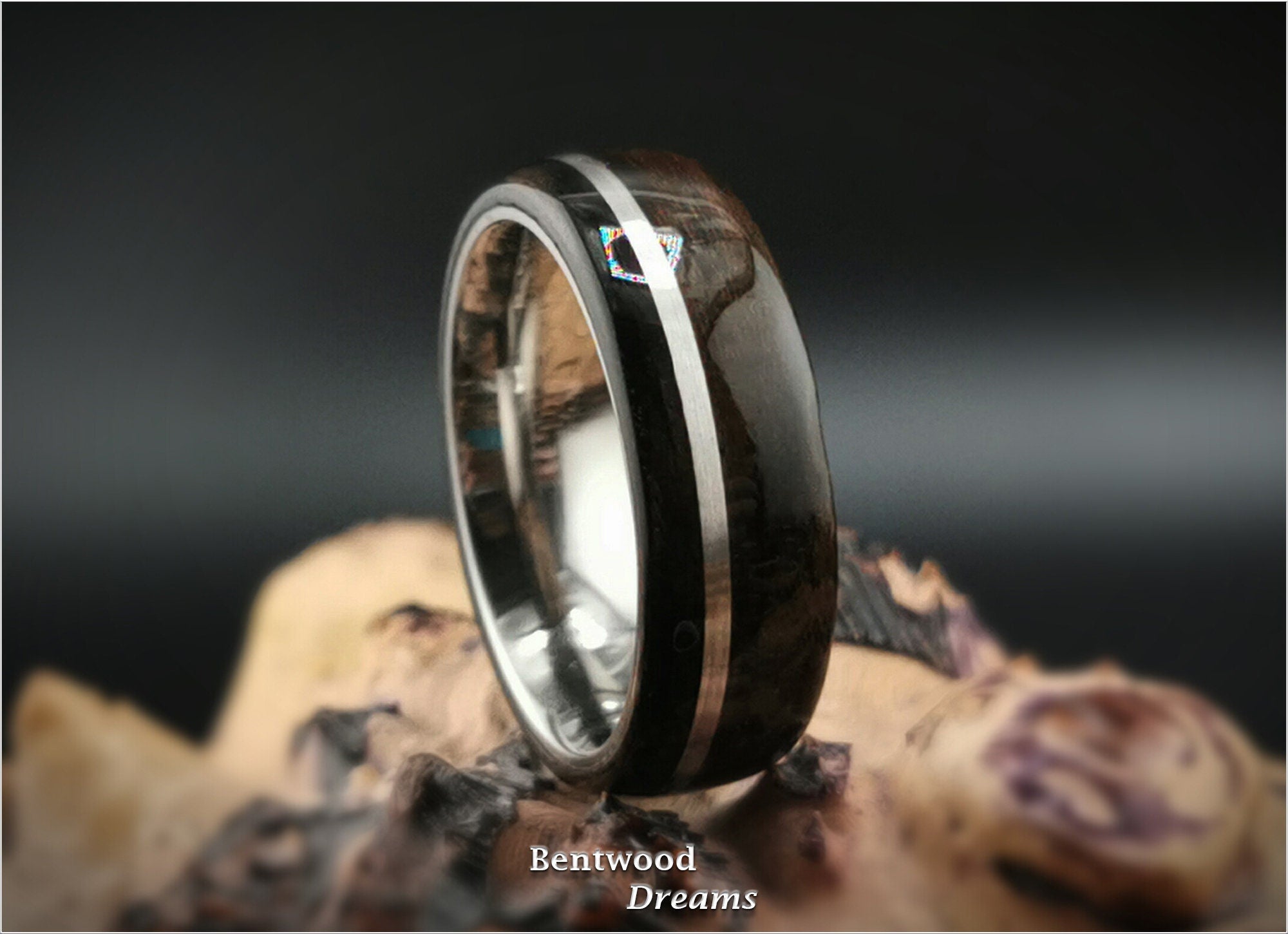 Bentwood Ring: Ziricote, offset inlaid Sterling Silver, Polished Titanium core, wood ring