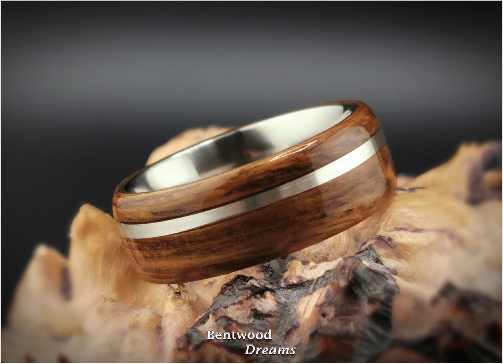Bentwood Ring: English Brown Oak, offset inlaid Sterling Silver, Polished Titanium core
