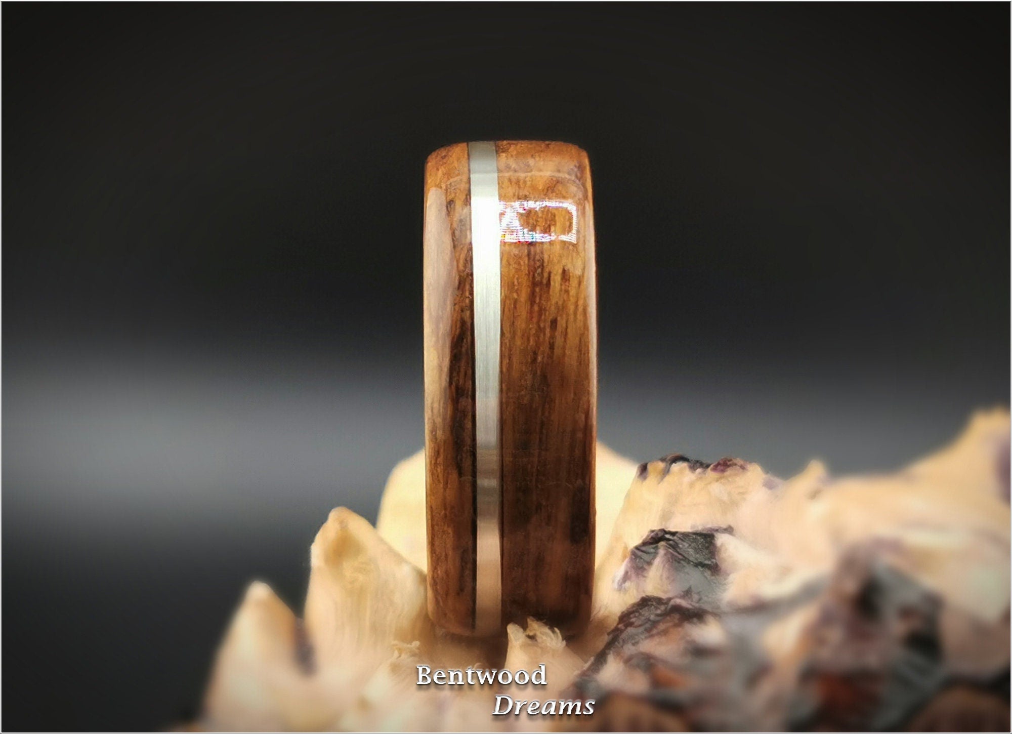 Bentwood Ring: English Brown Oak, offset inlaid Sterling Silver, Polished Titanium core