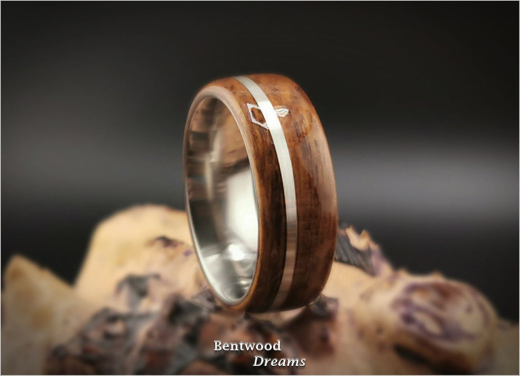 Bentwood Ring: English Brown Oak, offset inlaid Sterling Silver, Polished Titanium core