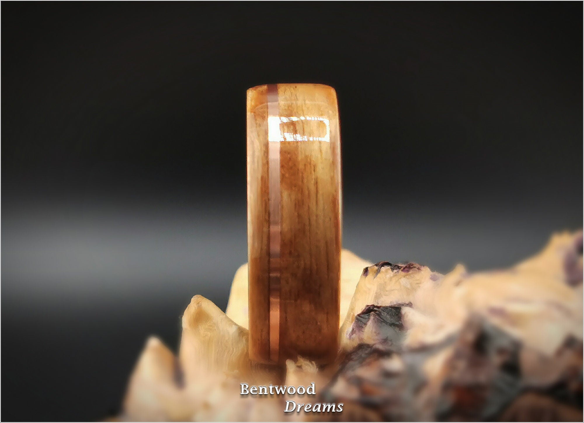 Birdseye Anigre Bentwood Ring: Copper Inlay, Black Ceramic Core