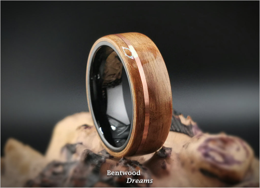 Birdseye Anigre Bentwood Ring: Copper Inlay, Black Ceramic Core