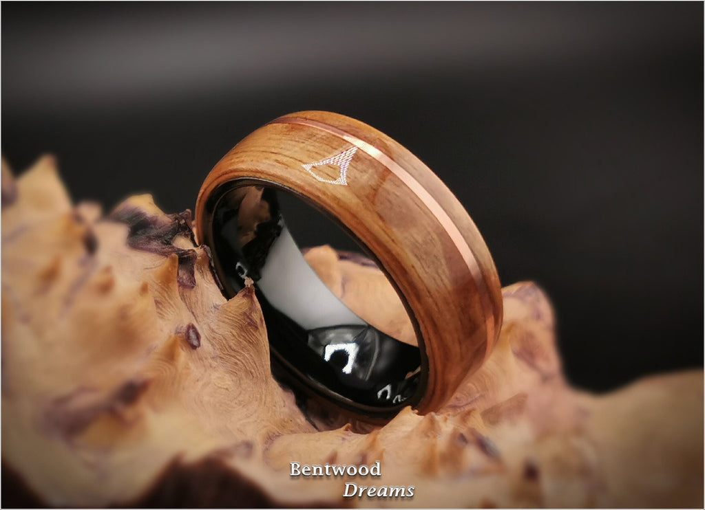 Birdseye Anigre Bentwood Ring: Copper Inlay, Black Ceramic Core