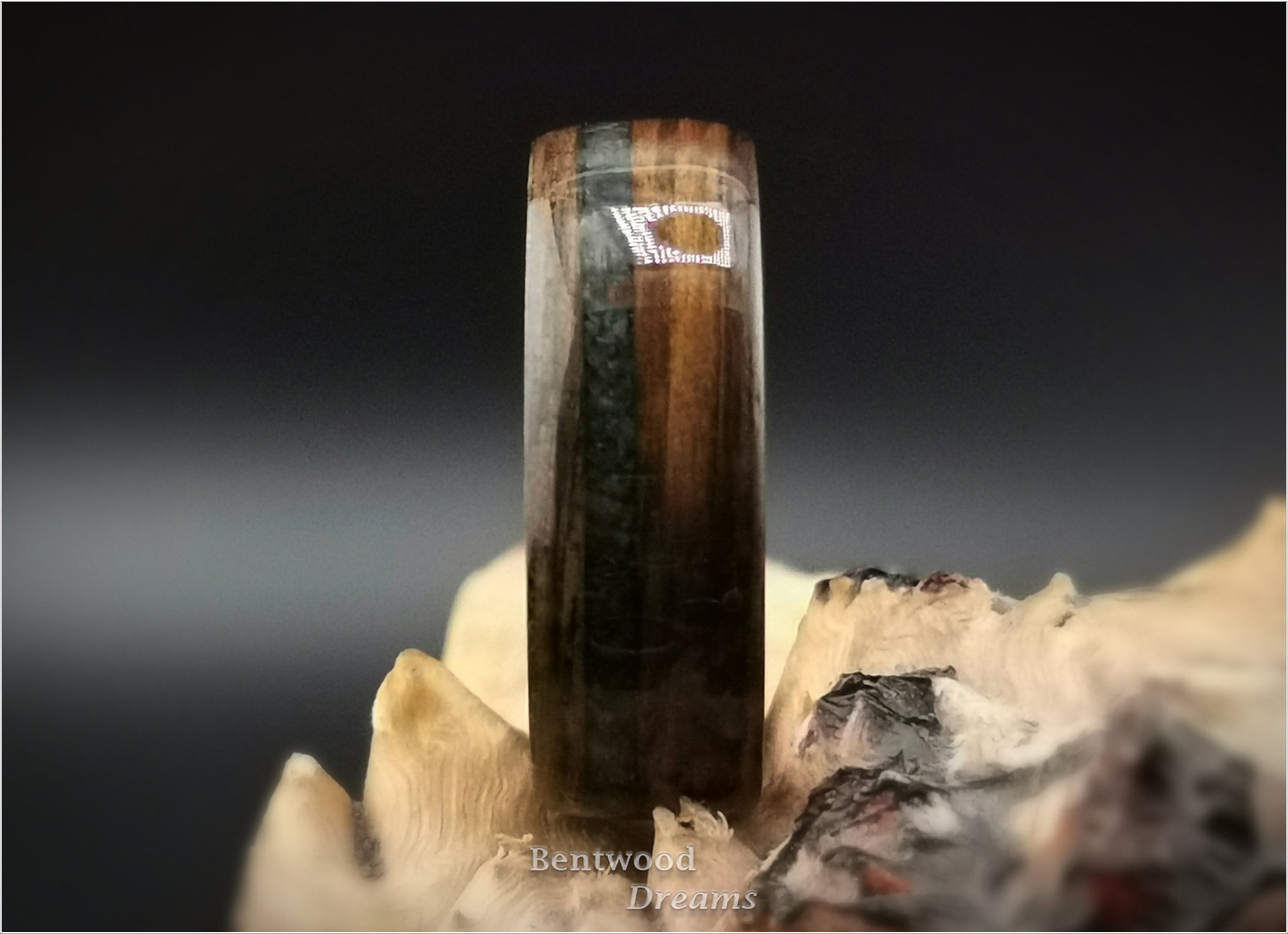 Bog Oak Bentwood Ring: Green Jasper Inlay, Figured Gaboon Core