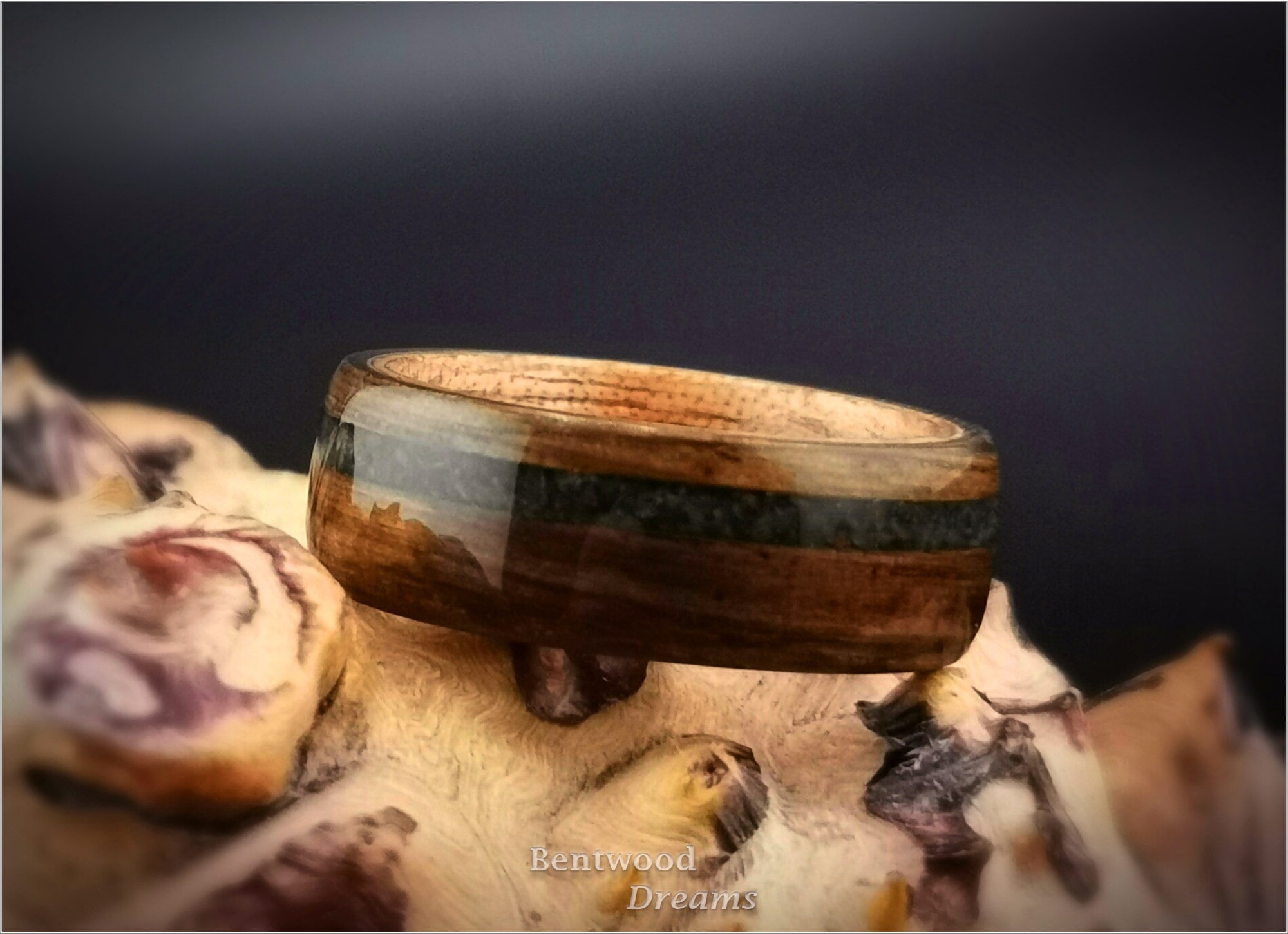 Bog Oak Bentwood Ring: Green Jasper Inlay, Figured Gaboon Core