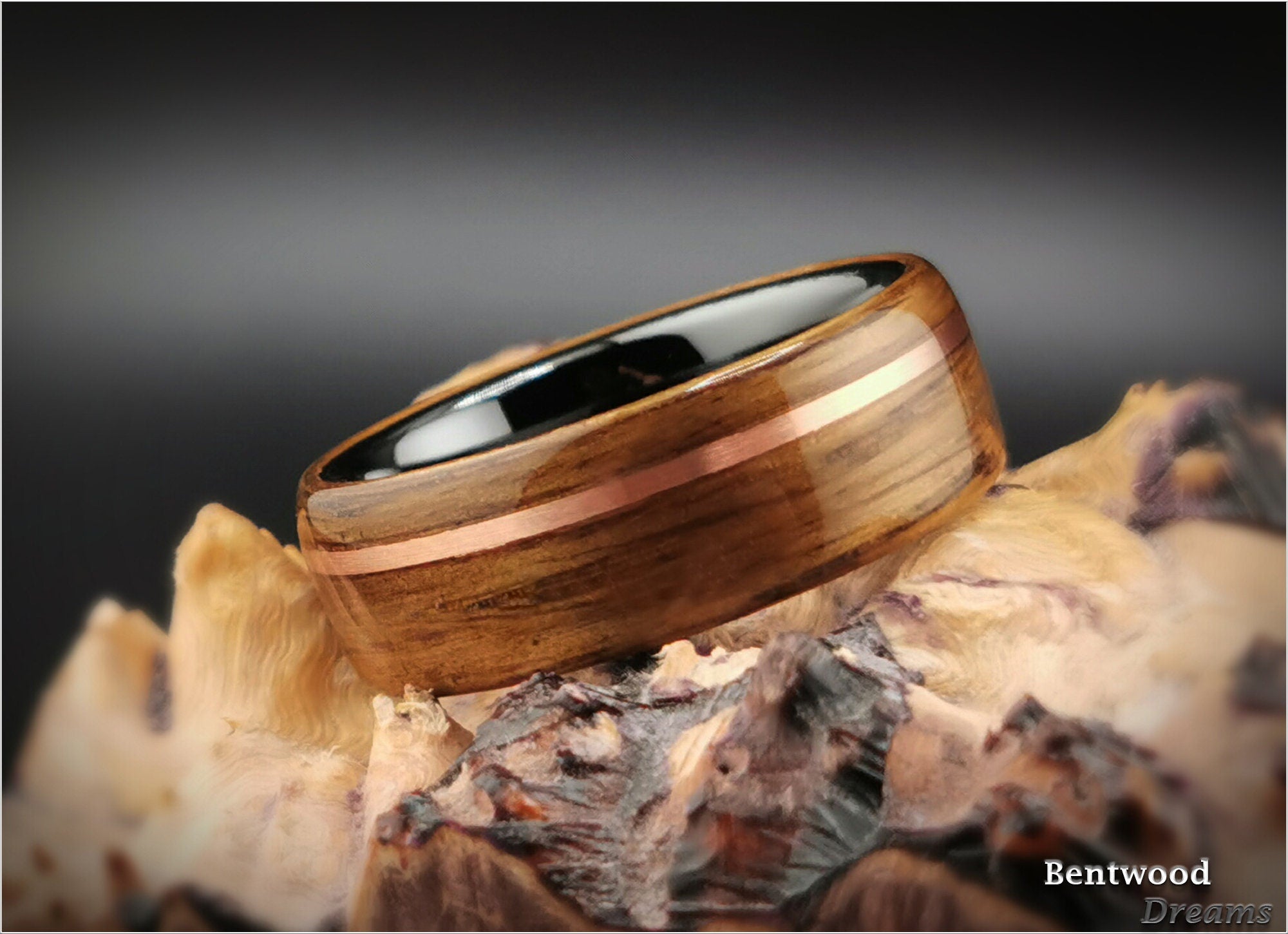 Bentwood Ring: Smoked Red Oak, offset inlaid Copper Wire, Polished Black Ceramic Core