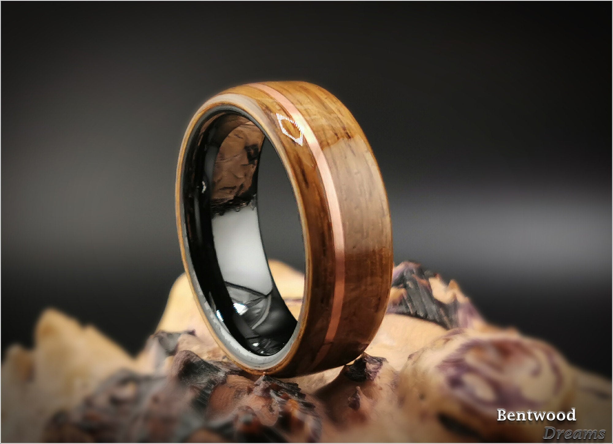 Bentwood Ring: Smoked Red Oak, offset inlaid Copper Wire, Polished Black Ceramic Core