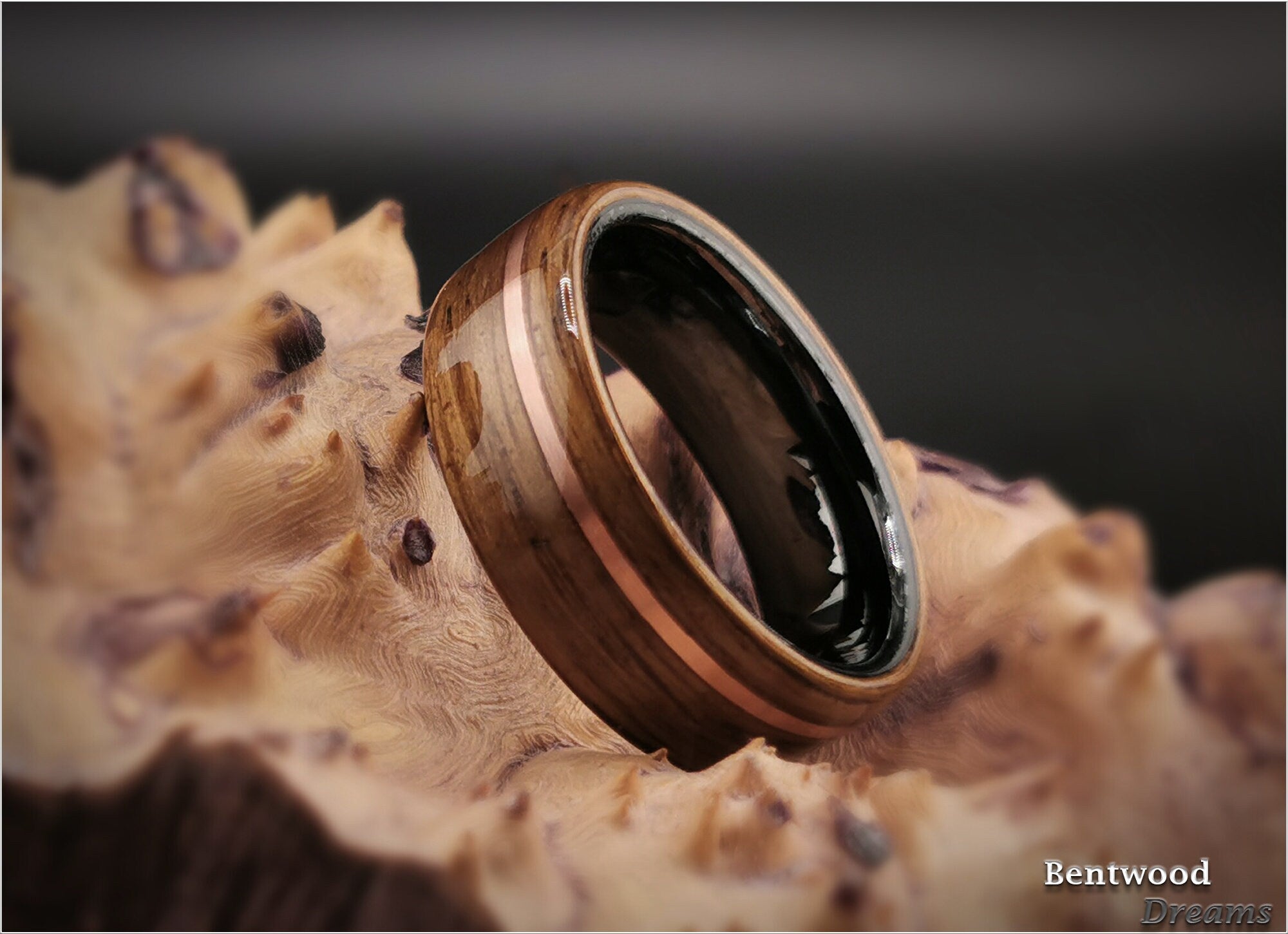 Bentwood Ring: Smoked Red Oak, offset inlaid Copper Wire, Polished Black Ceramic Core