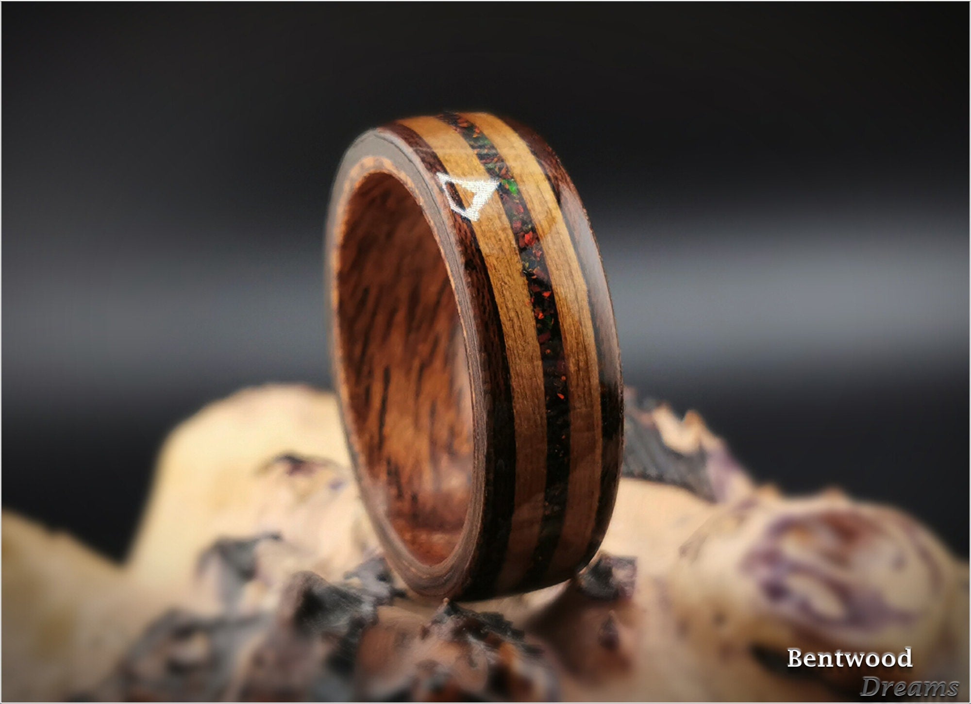 Bentwood Ring: Smoked Etimoe, inlaid Fumed Aspen and Lab Opal, African Raindrop Mahogany core