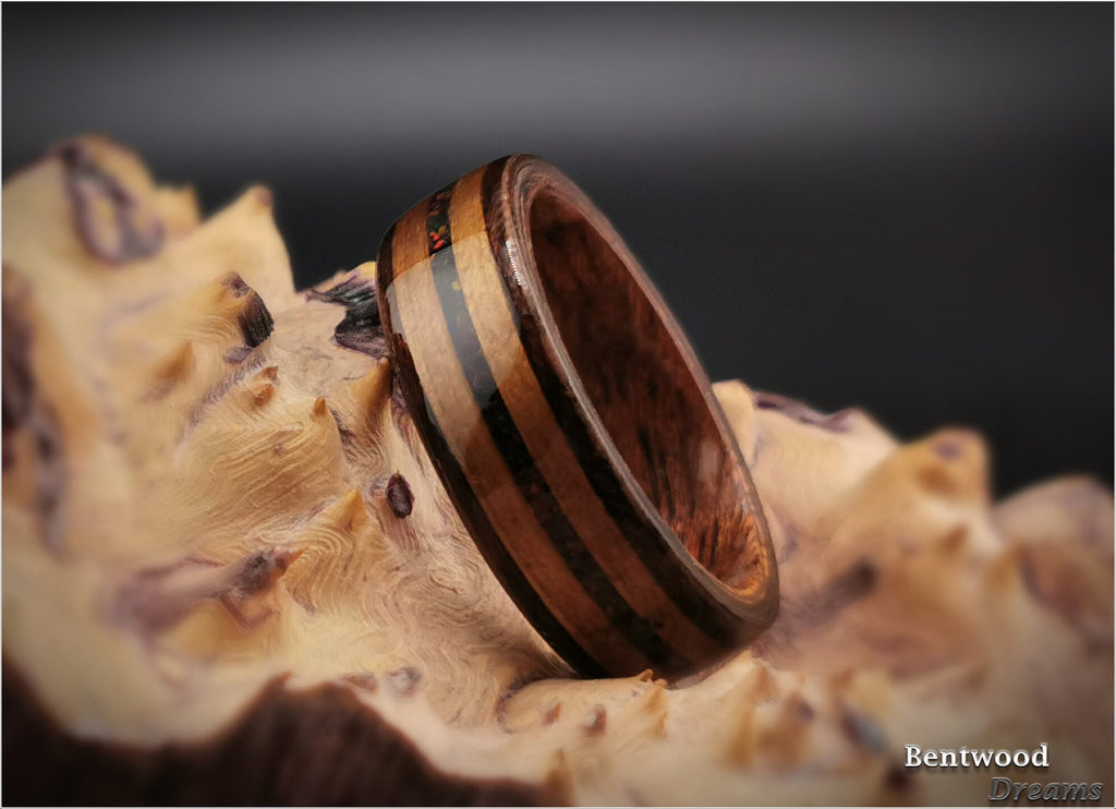 Bentwood Ring: Smoked Etimoe, inlaid Fumed Aspen and Lab Opal, African Raindrop Mahogany core