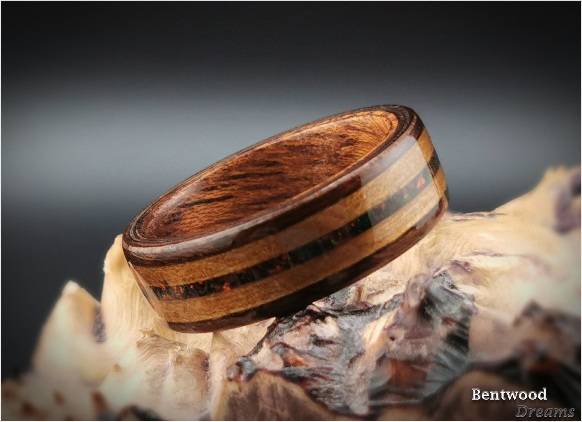 Bentwood Ring: Smoked Etimoe, inlaid Fumed Aspen and Lab Opal, African Raindrop Mahogany core