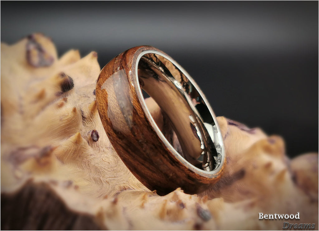 Tiger Etimoe Bentwood Ring: Petrified Wood Inlay, Titanium Core