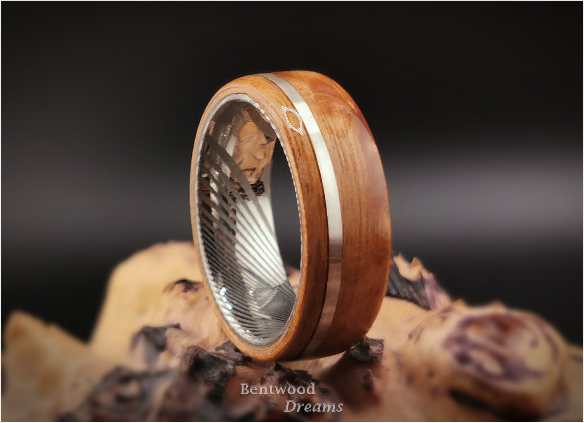 Birdseye Anigre Bentwood Ring: Damascus Steel Core, Sterling Silver Inlay