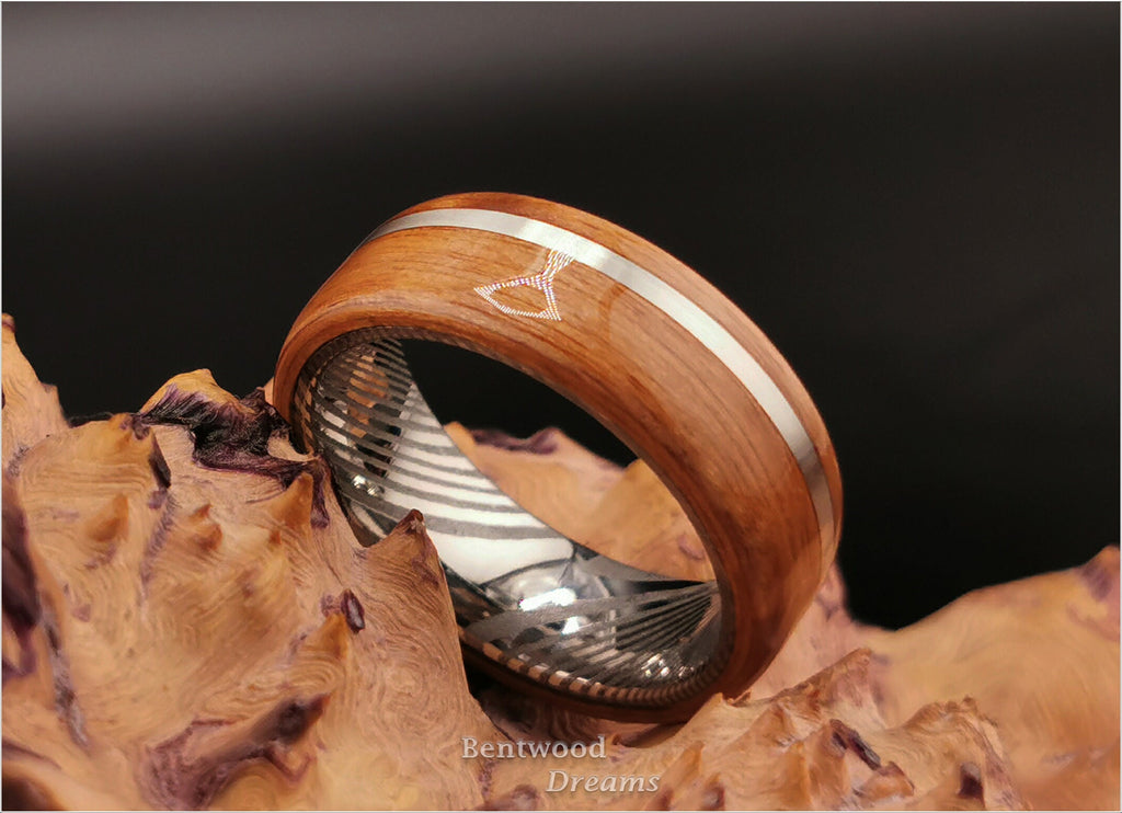 Birdseye Anigre Bentwood Ring: Damascus Steel Core, Sterling Silver Inlay