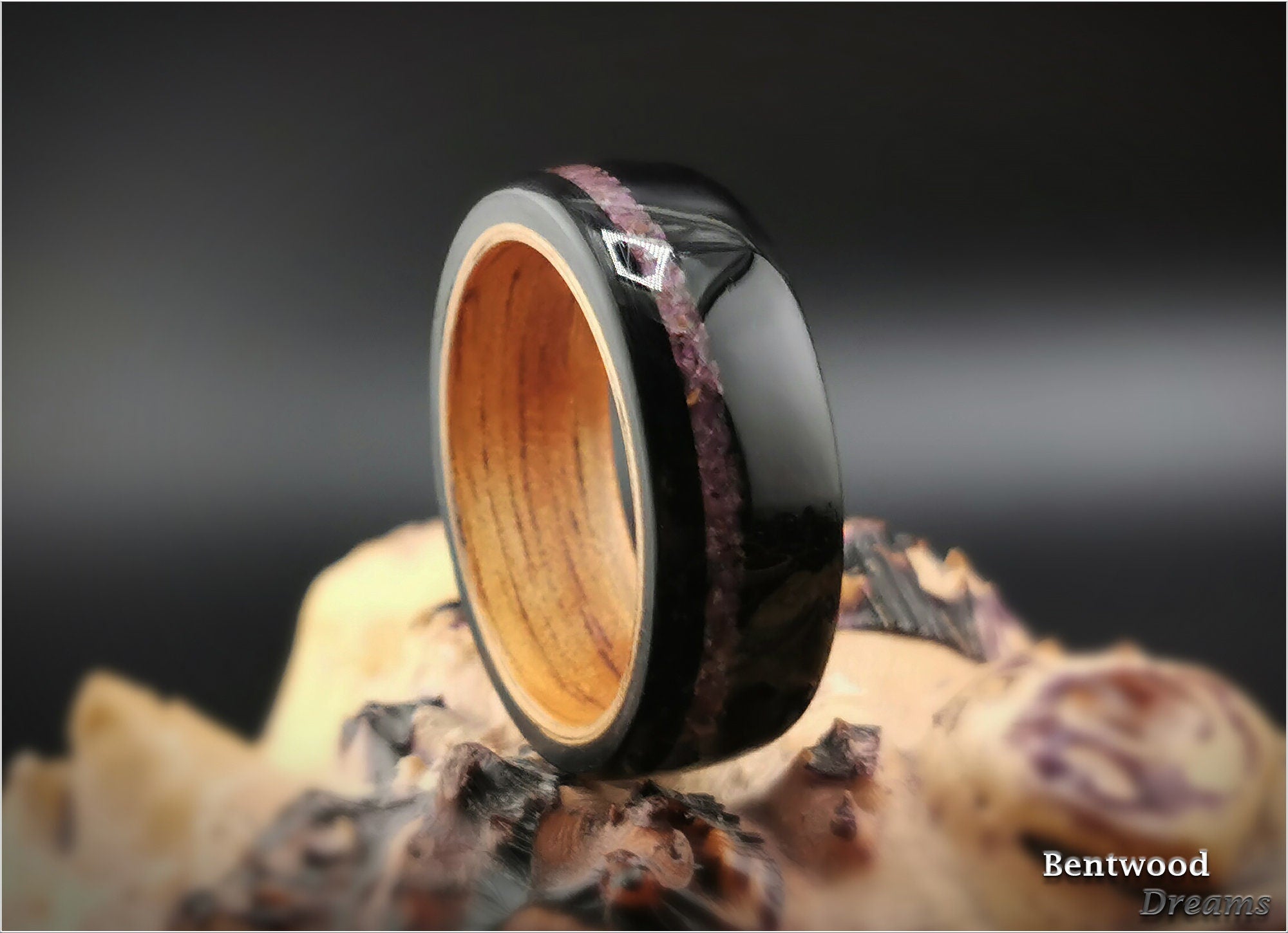 Handmade Bentwood Ring: Black Maple, Ruby Inlay, Wood Core