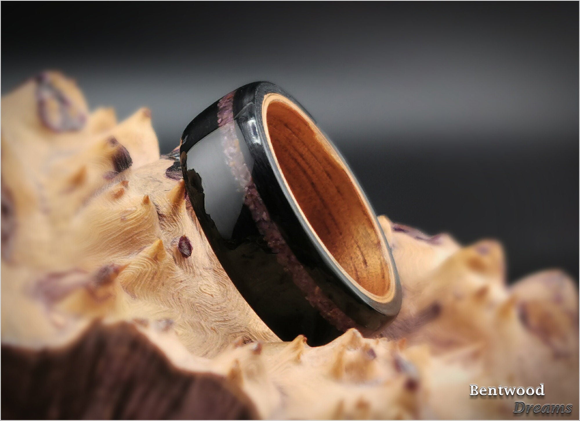 Handmade Bentwood Ring: Black Maple, Ruby Inlay, Wood Core