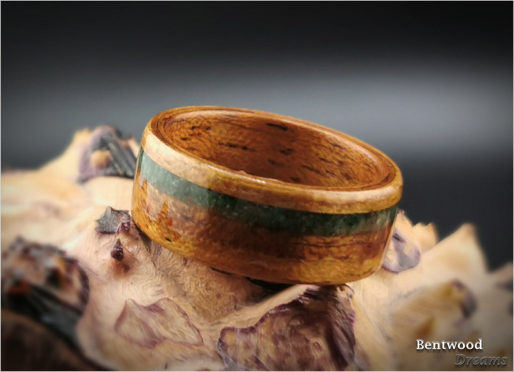 Bentwood Ring: Quartersawn Etimoe, offset inlaid Buddstone, wood ring
