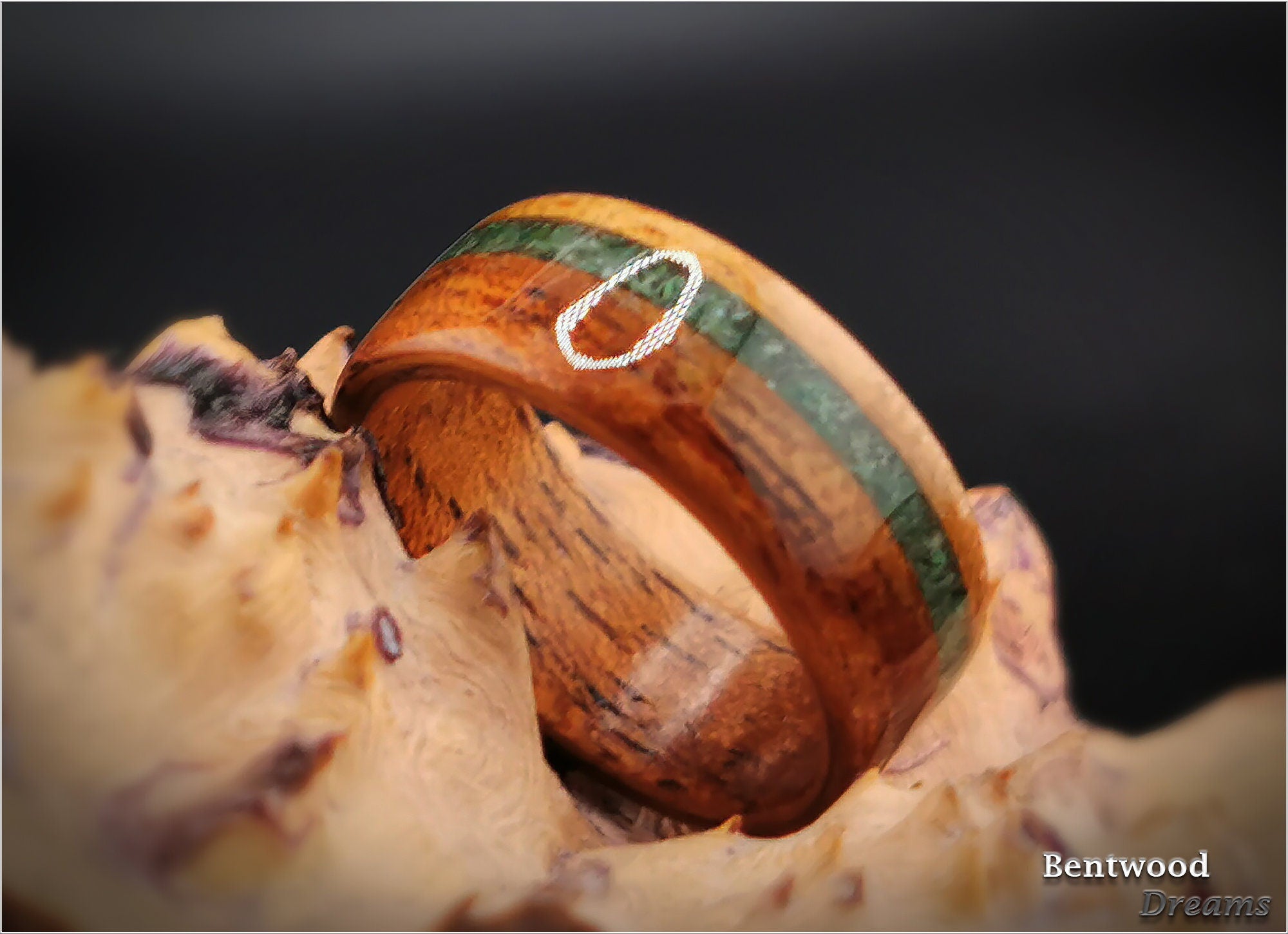 Bentwood Ring: Quartersawn Etimoe, offset inlaid Buddstone, wood ring