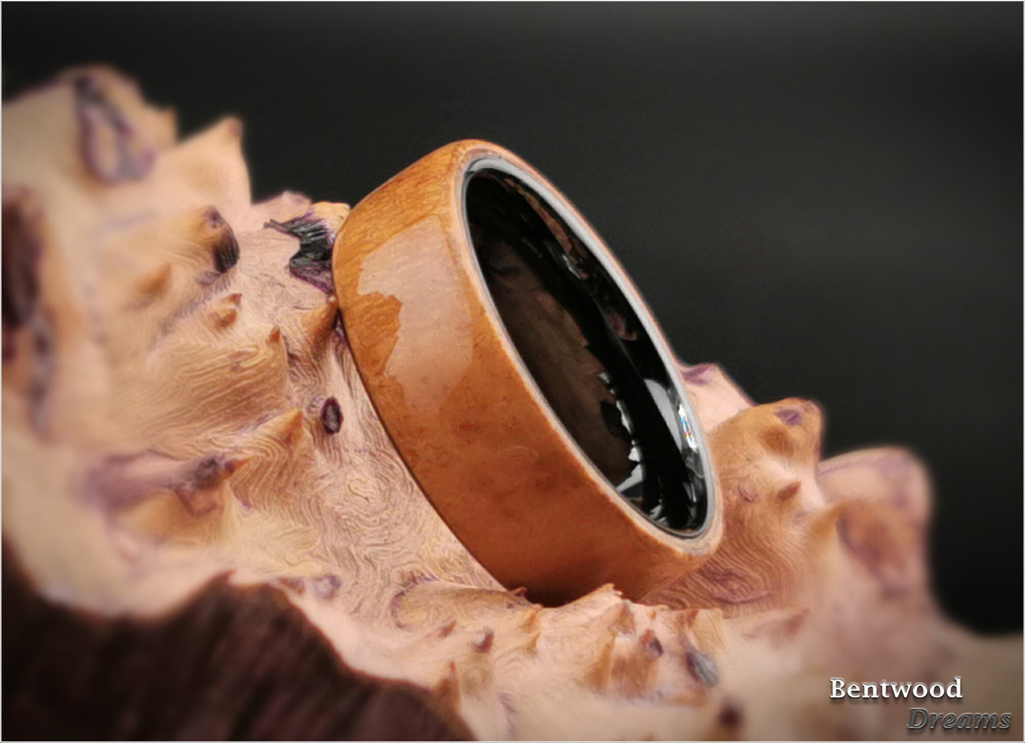 Bentwood Ring: Rare Myrtle Burl, polished Black Ceramic core, wood ring
